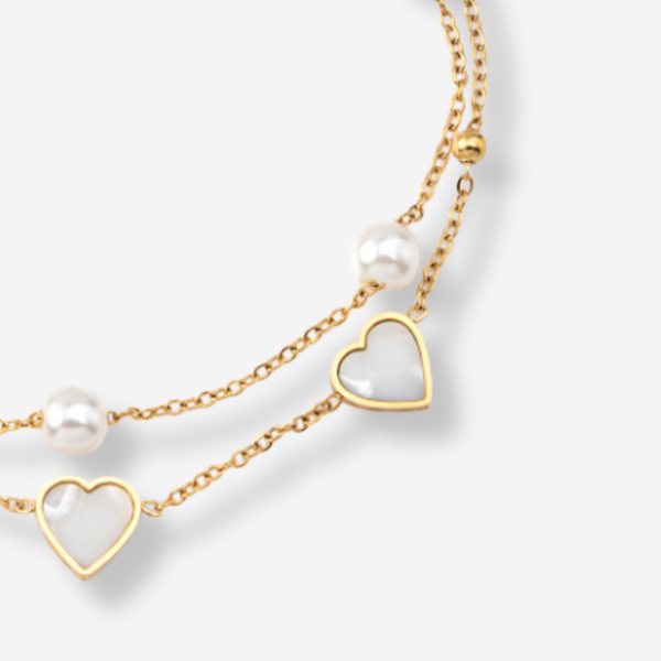 Tornozeleira Dupla com Corações Madrepérola e Pérolas em Aço Inoxidável