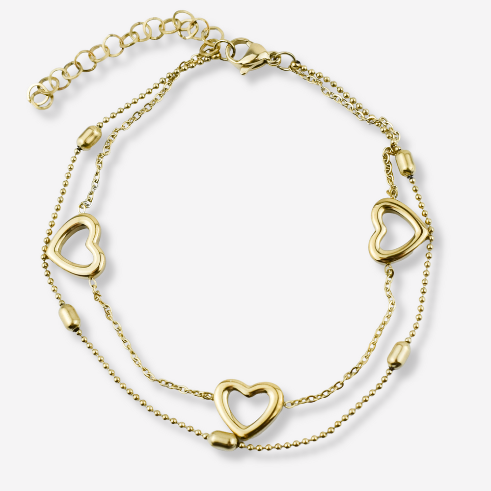 Bracelet double pied en acier inoxydable avec cœurs