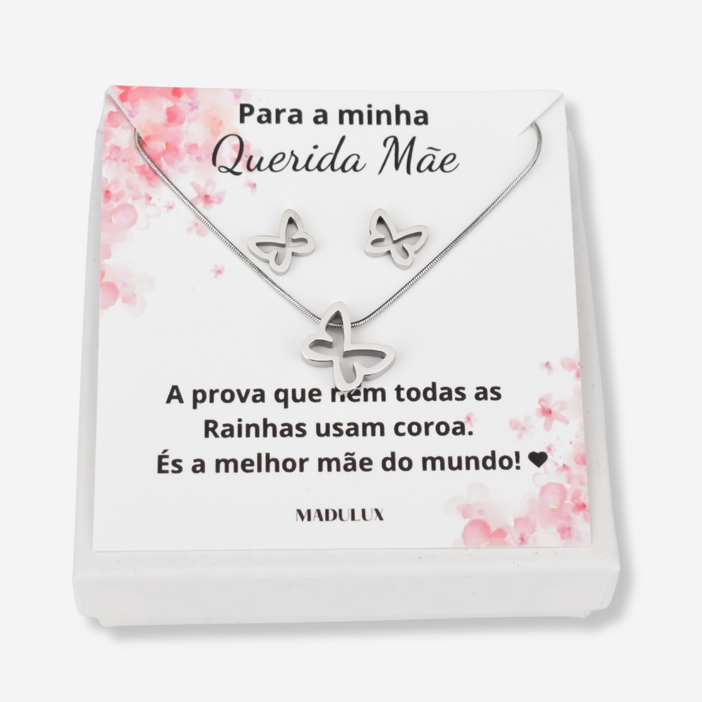 Colar e Brincos Borboleta em Aço Inoxidável com Cartão Mãe