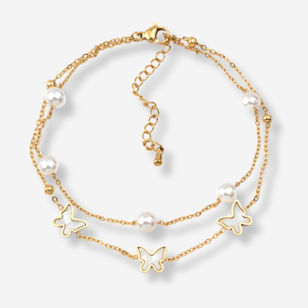 Tornozeleira Dupla com Borboletas  Madrepérola e Pérolas em Aço Inoxidável