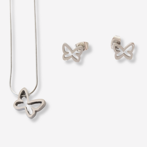 Colar e Brincos Borboleta em Aço Inoxidável com Cartão Madrinha