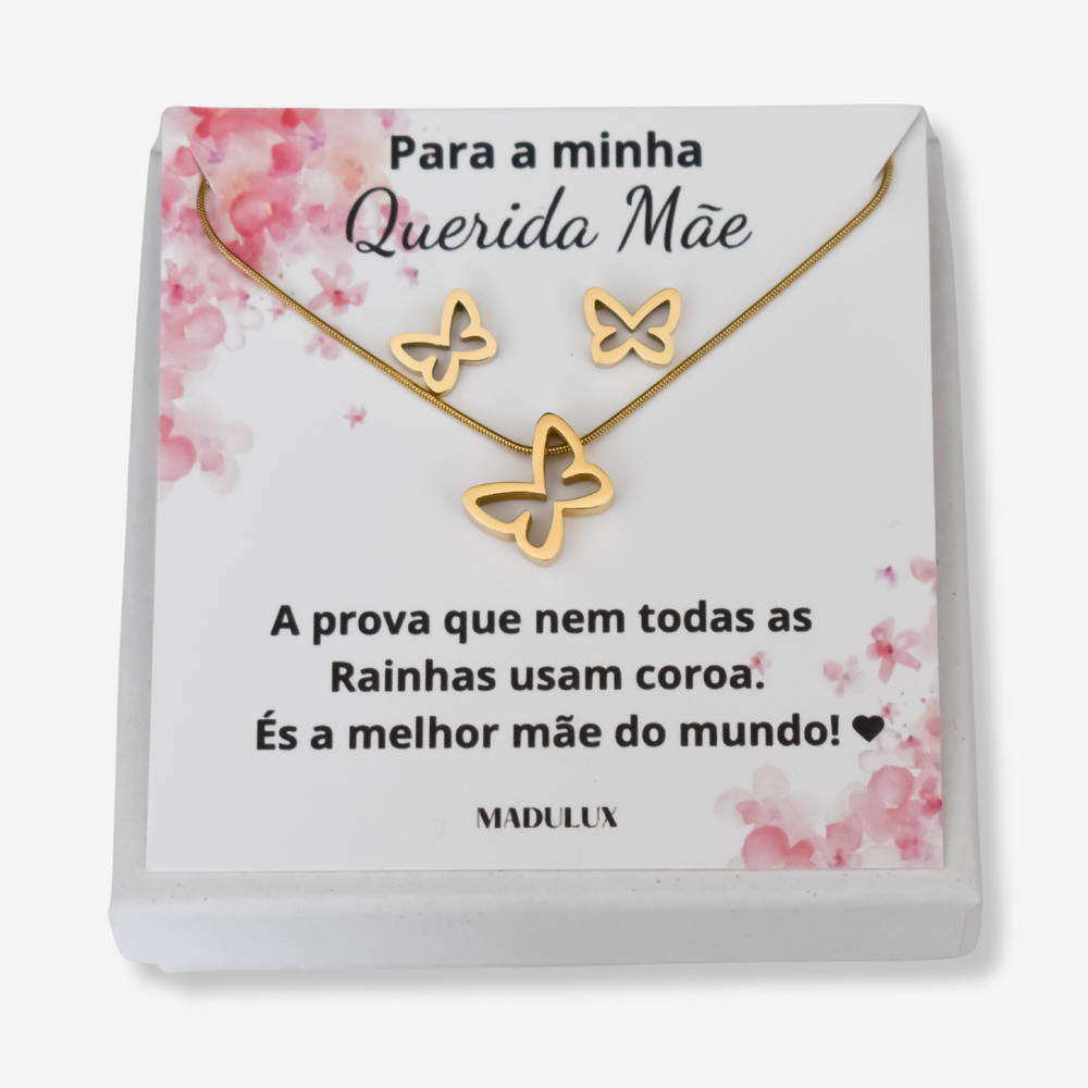 Colar e Brincos Borboleta em Aço Inoxidável com Cartão Mãe
