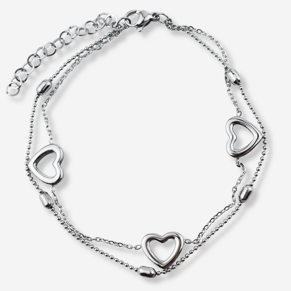 Bracelet double pied en acier inoxydable avec cœurs