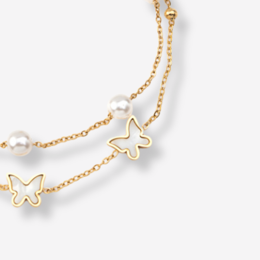 Tornozeleira Dupla com Borboletas  Madrepérola e Pérolas em Aço Inoxidável