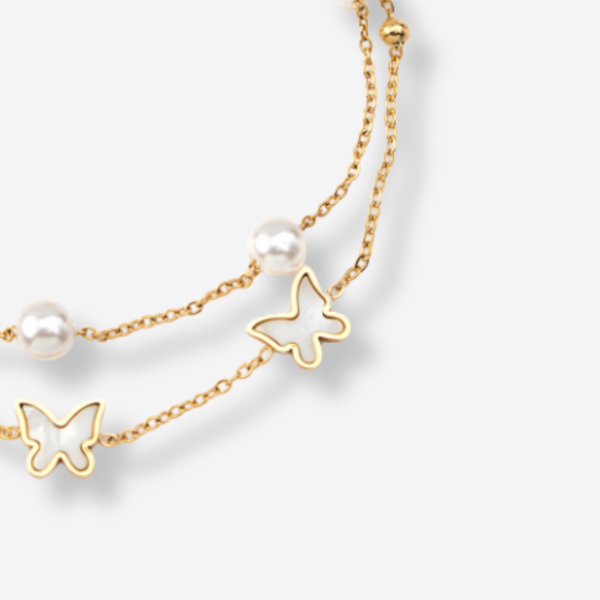 Tornozeleira Dupla com Borboletas  Madrepérola e Pérolas em Aço Inoxidável