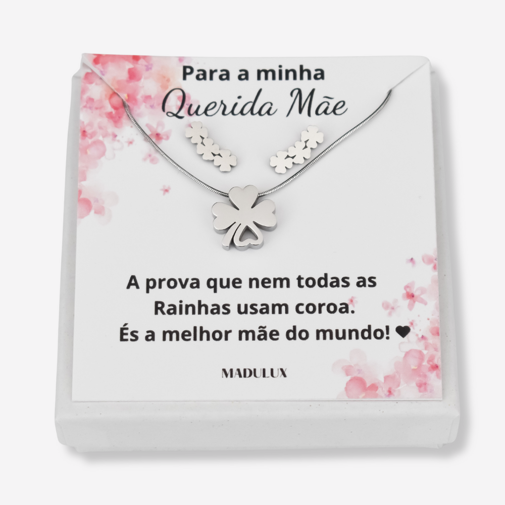 Colar e Brincos Trevo em Aço Inoxidável com Cartão Mãe