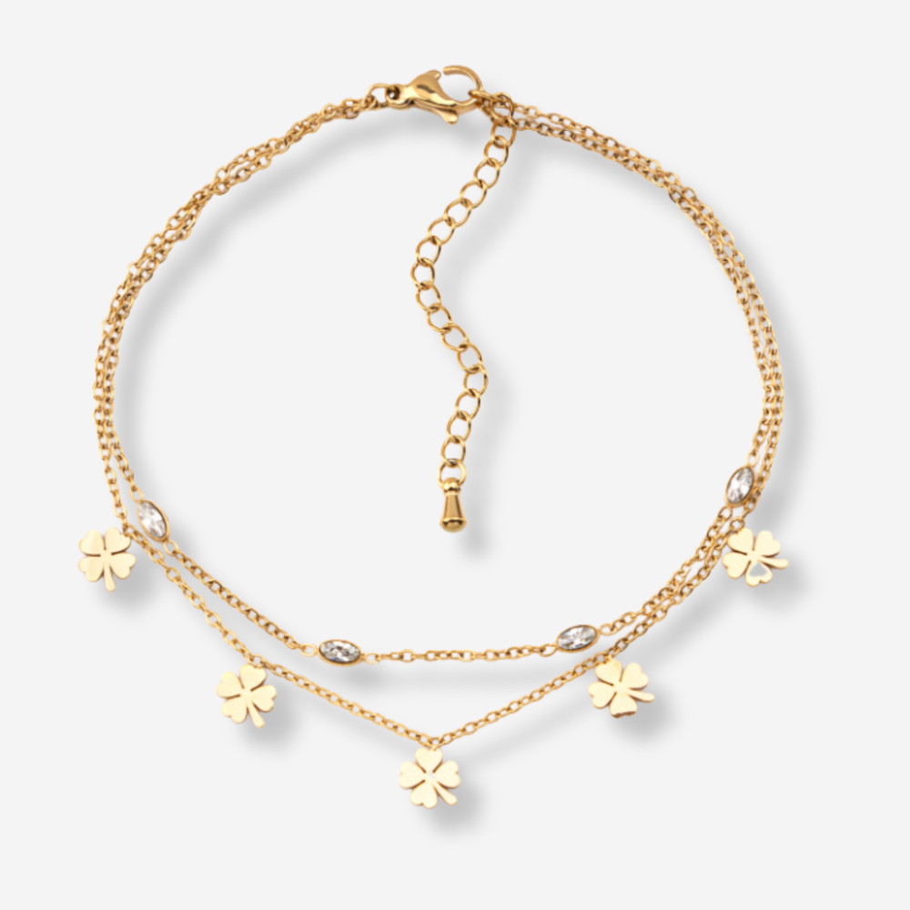 Tornozeleira Dupla com Trevos e Brilhantes em Aço Inoxidável