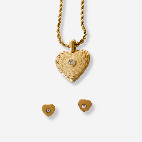 Colar e Brincos Coração com Brilhante em Aço Inoxidável com Cartão Madrinha