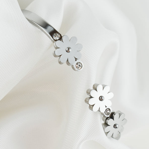 Flower – Pulseira em Aço Rígida com Flores e Brilhantes