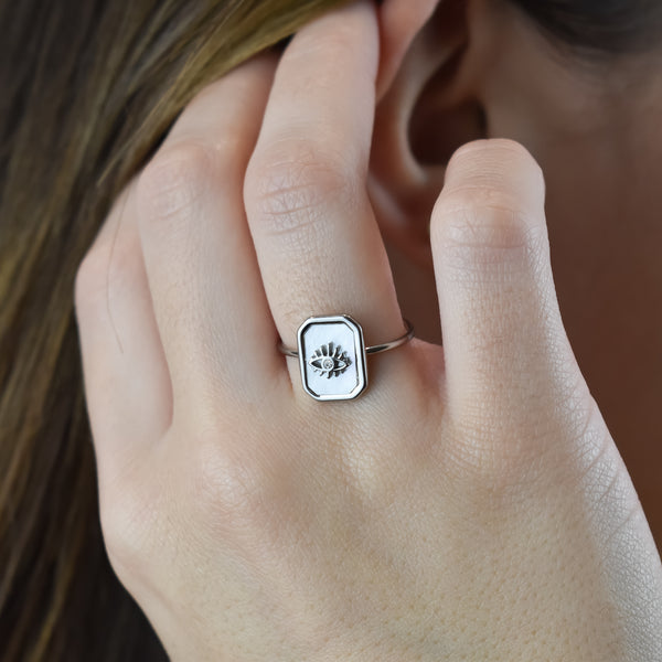 CLARA- Bague avec Oeil Turc en Acier et Nacre