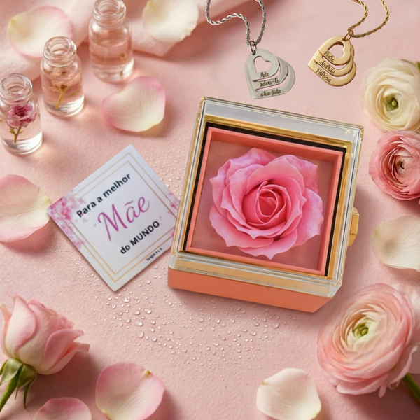 Conjunto Colar Corações Personalizados e Rosa Giratória