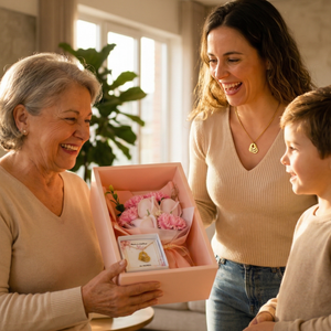 Conjunto Colar Corações Personalizados e Buquê de Flores Eternas