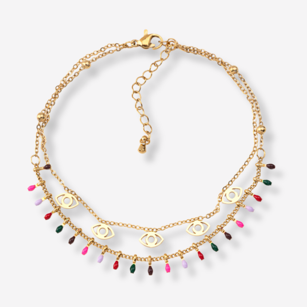 Tornozeleira Dupla Colorida com Olho Turco em Aço Inoxidável