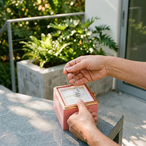 Conjunto Colar Corações Personalizados e Rosa Giratória