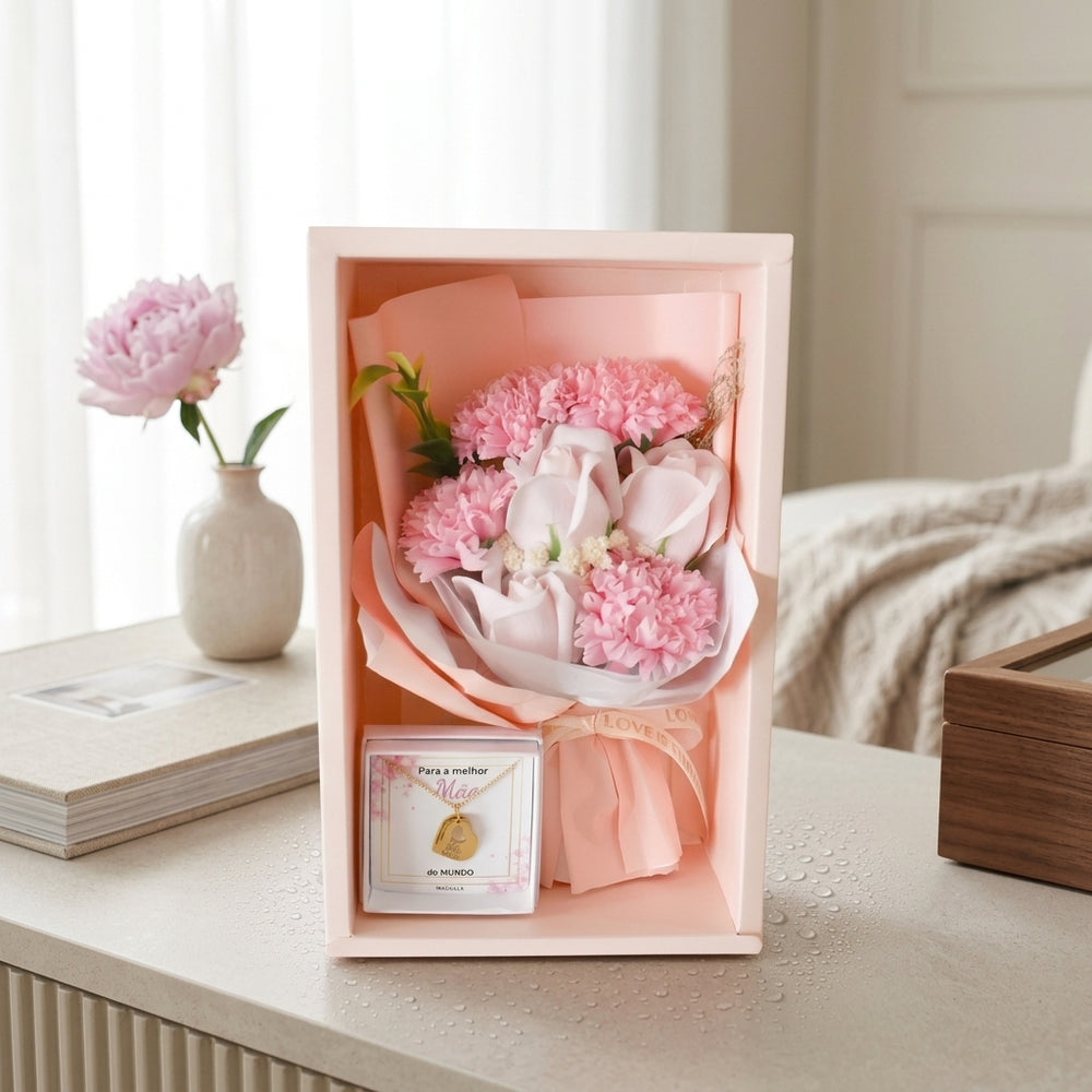 Conjunto Colar Corações Personalizados e Buquê de Flores Eternas