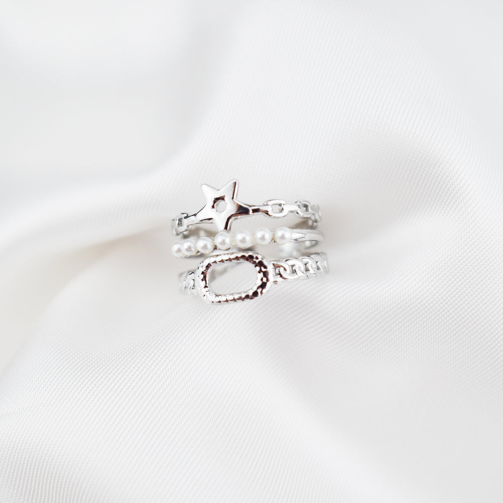 ALYSSA - Anel Triplo em Aço com Estrela e Pérolas