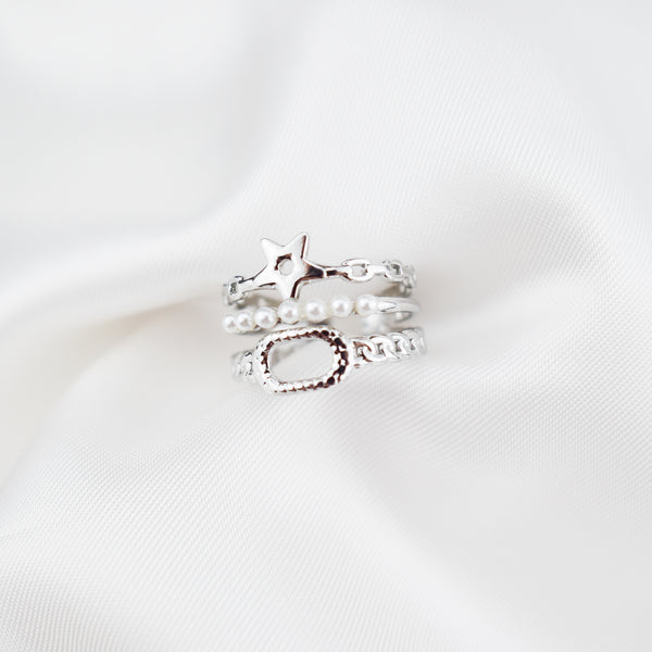 ALYSSA - Anel Triplo em Aço com Estrela e Pérolas