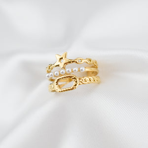 ALYSSA - Anel Triplo em Aço com Estrela e Pérolas