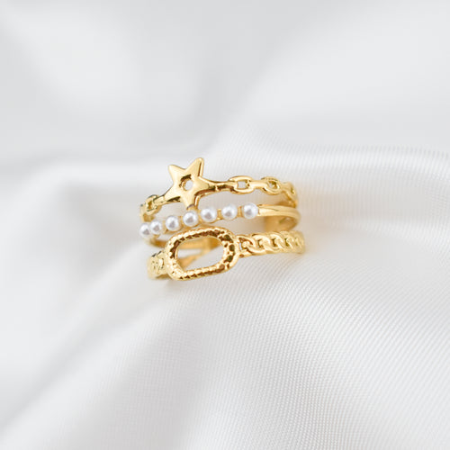 ALYSSA - Anel Triplo em Aço com Estrela e Pérolas