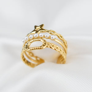 ALYSSA - Anel Triplo em Aço com Estrela e Pérolas