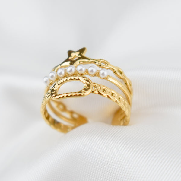 ALYSSA - Anel Triplo em Aço com Estrela e Pérolas